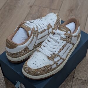 $750 AMIRI "Skeleton" Boucle/Leather Low-Top Sneakers Camel/White 46 US 13